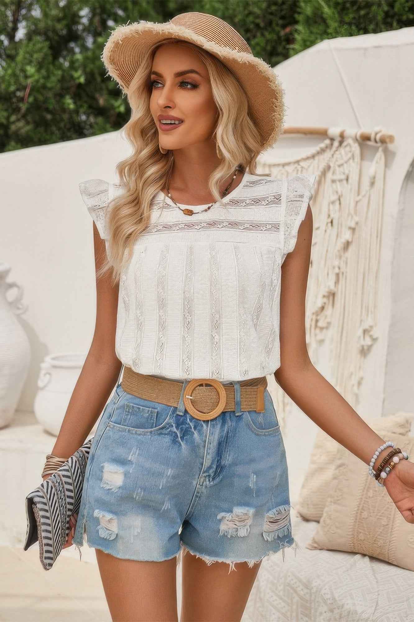 Mock Neck Crewneck Ruffle Sleeve Solid Slim Top