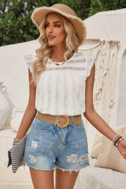 Mock Neck Crewneck Ruffle Sleeve Solid Slim Top