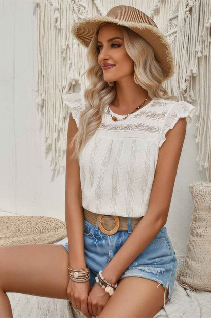 Mock Neck Crewneck Ruffle Sleeve Solid Slim Top