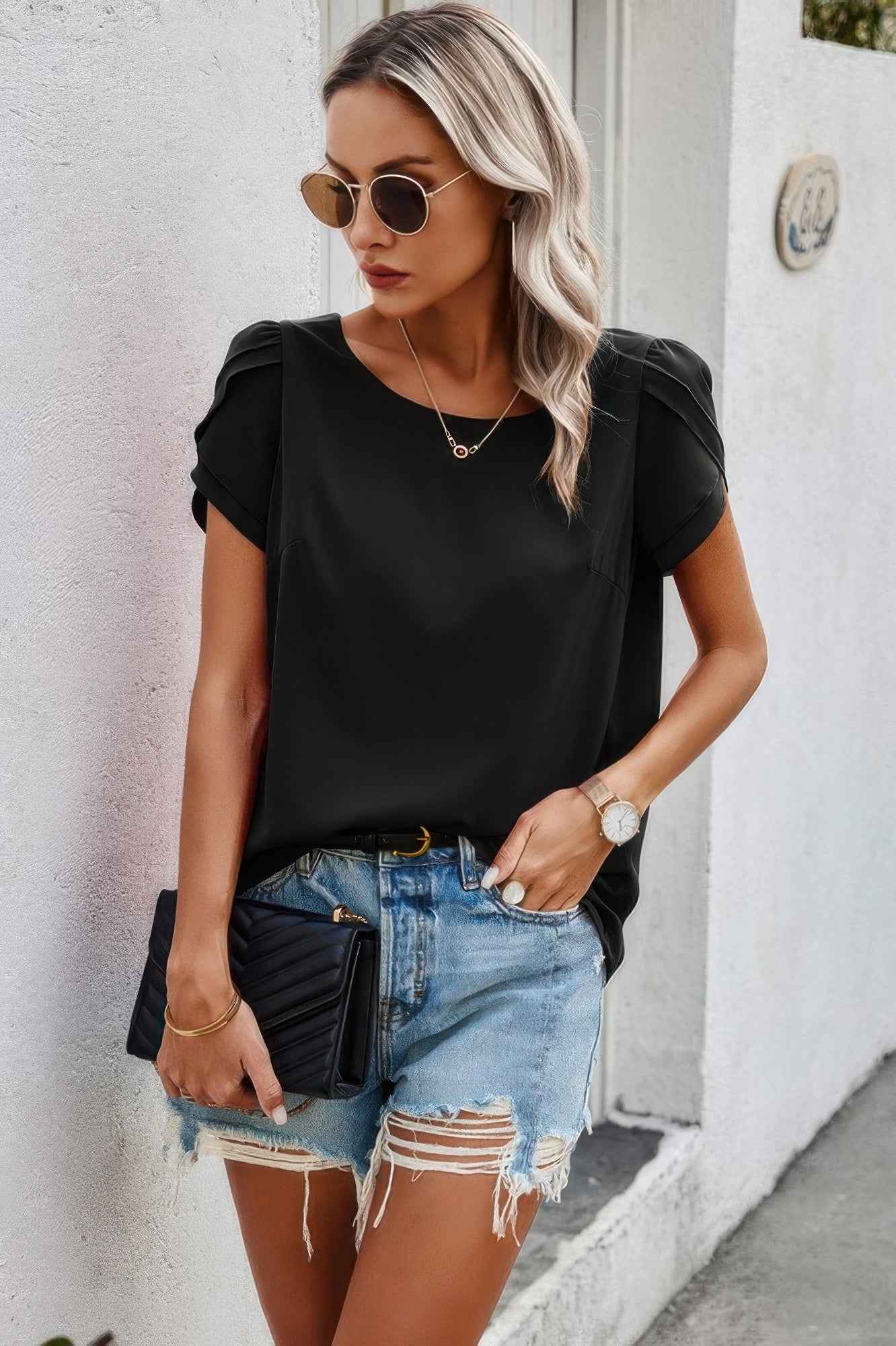 Round Neck Soild Loose Fit Puff Sleeves Blouse