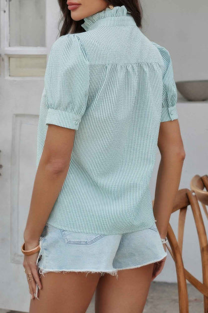 Stripe Button Down Ruffled Front Trim Shirt