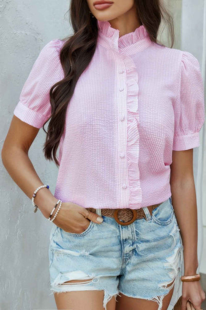 Stripe Button Down Ruffled Front Trim Shirt