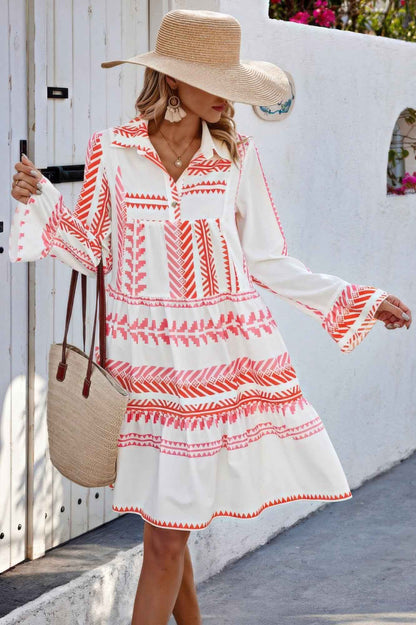 Geometric Printed Bell Ruffle Sleeve Button Dress
