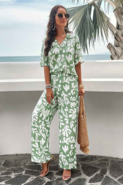 Print Front Button Two Pieces Blouse Sets