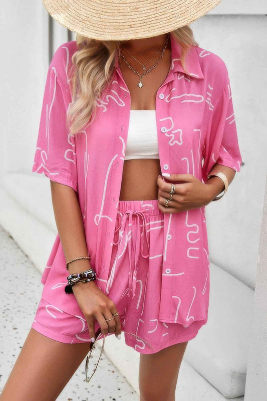 Allover Print Elastic Shorts Two Pieces Button Set