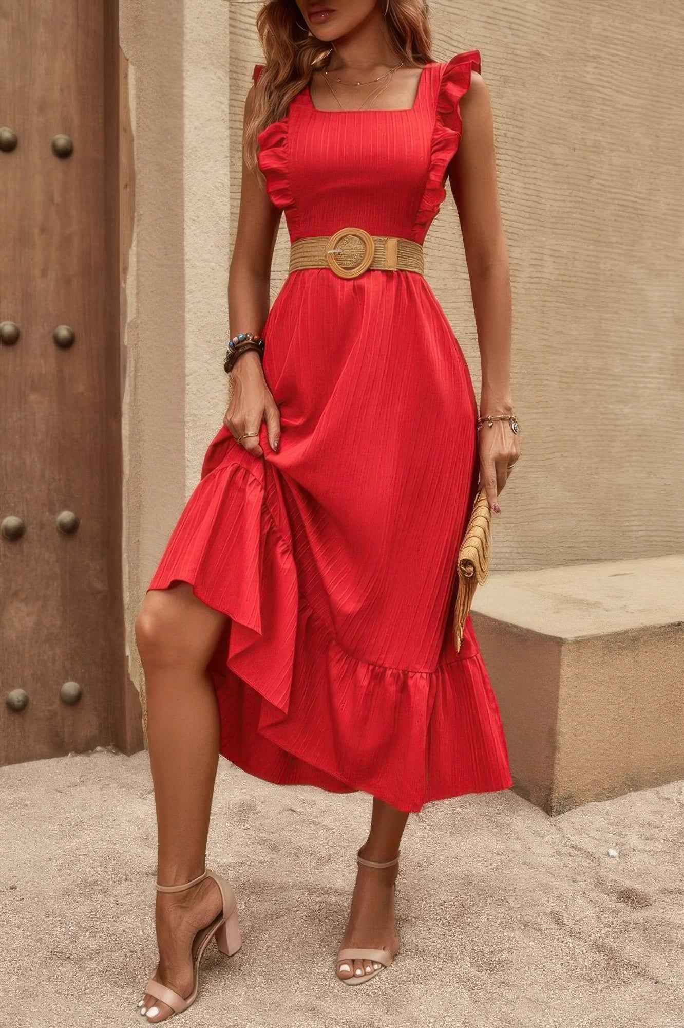 Sleeveless Ruffle Cross Open Back Knot Fit Dress