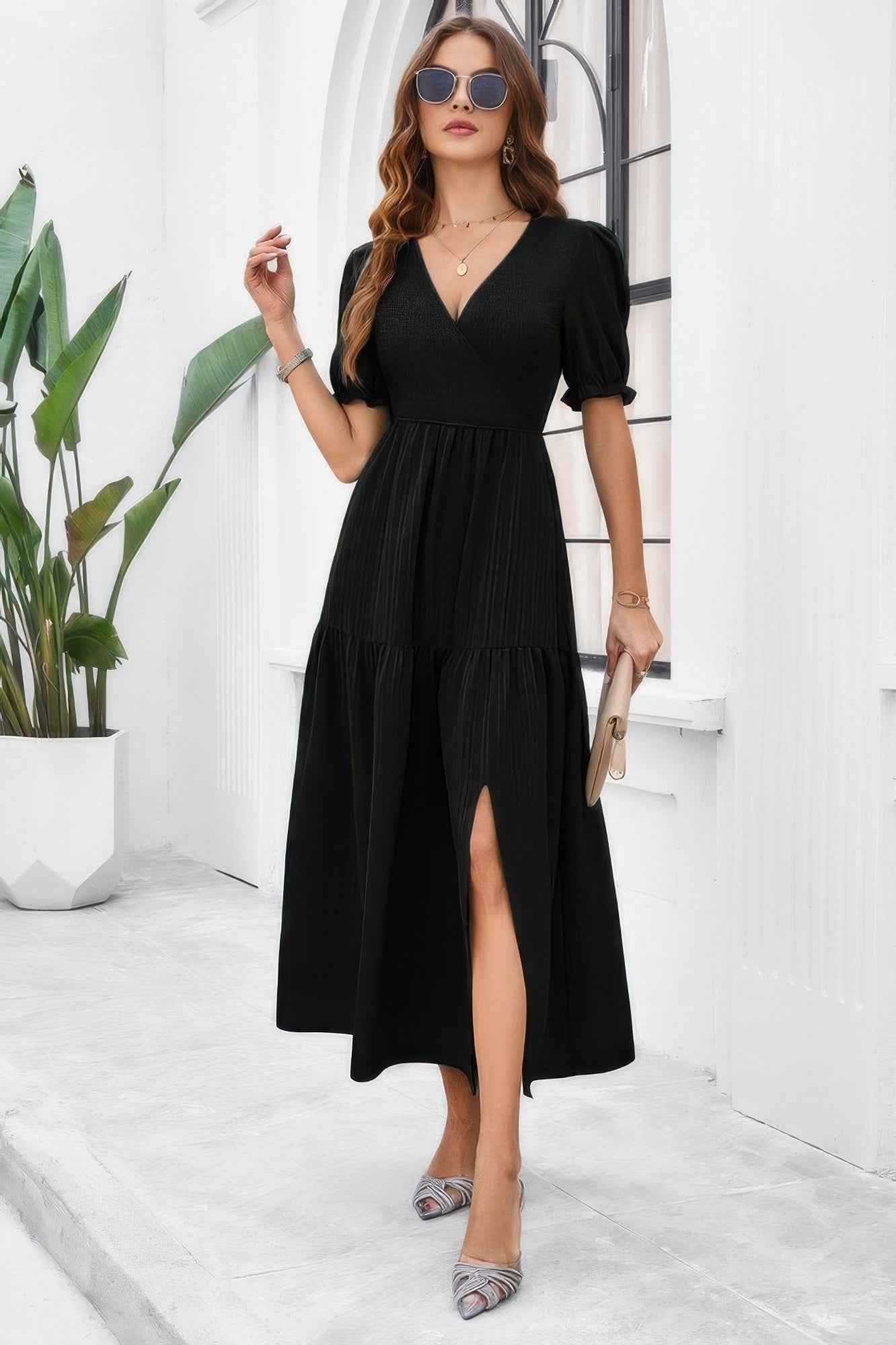 Solid V Neck Ruched High Waist Puff Sleeve Dress