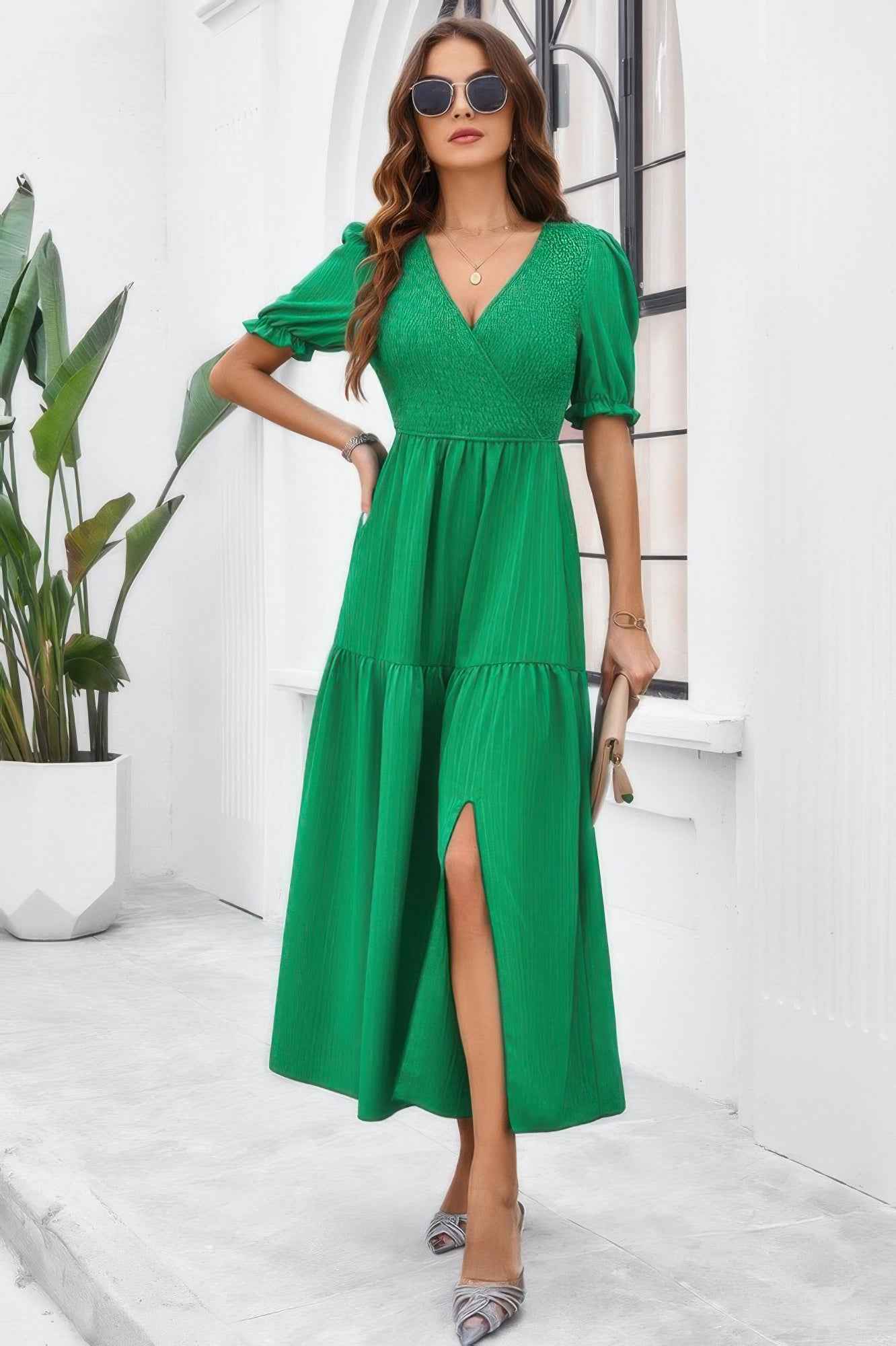 Solid V Neck Ruched High Waist Puff Sleeve Dress