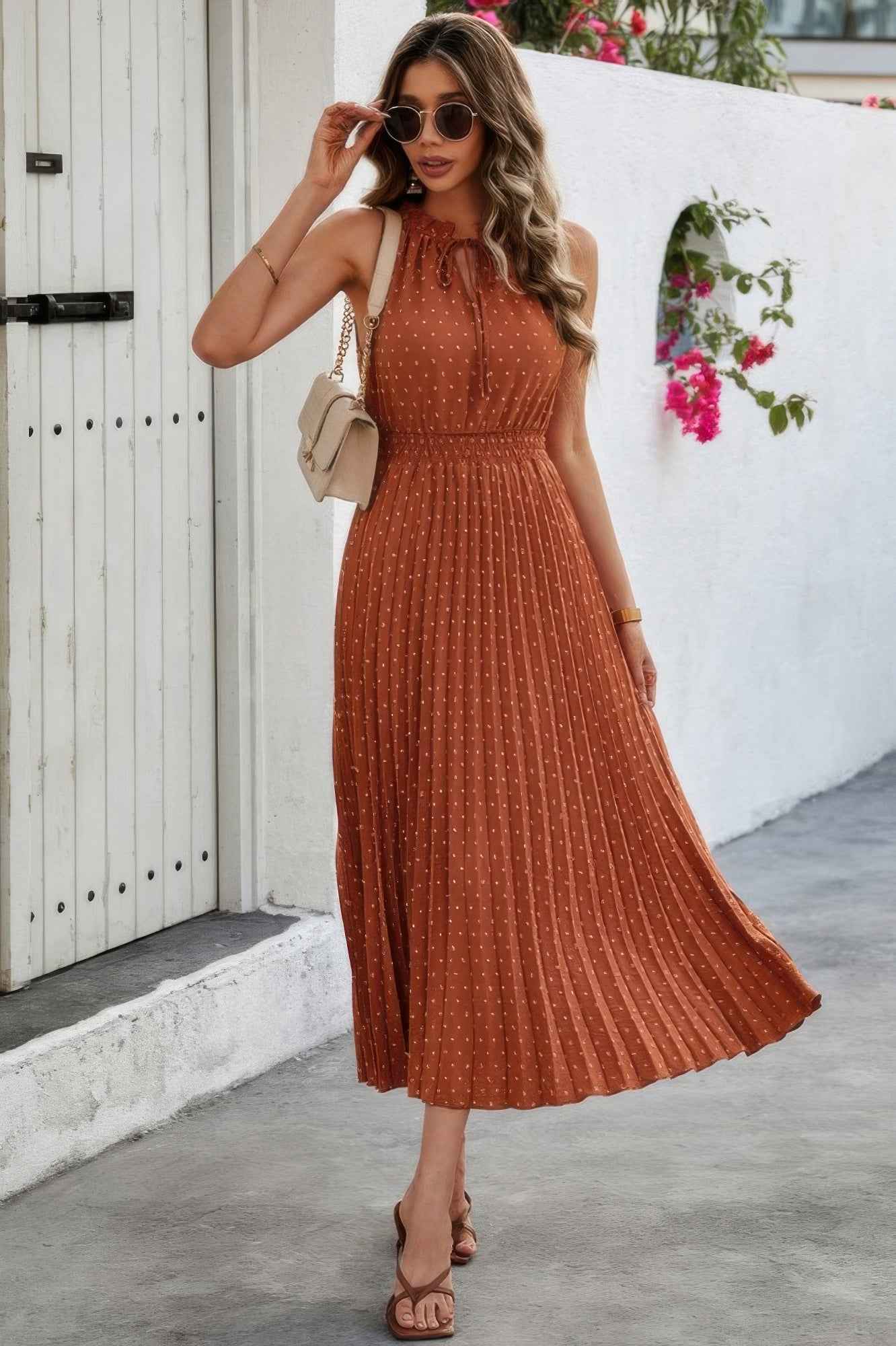 Sleeveless Dot Print Cross Fit Pleated Dress
