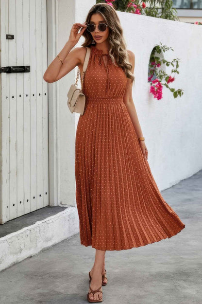 Sleeveless Dot Print Cross Fit Pleated Dress