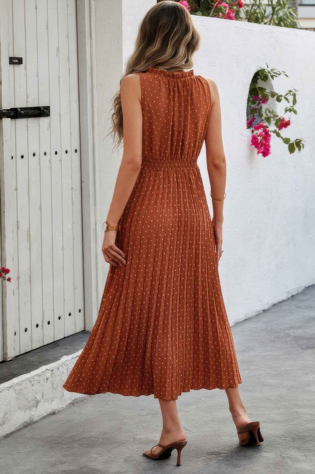Sleeveless Dot Print Cross Fit Pleated Dress