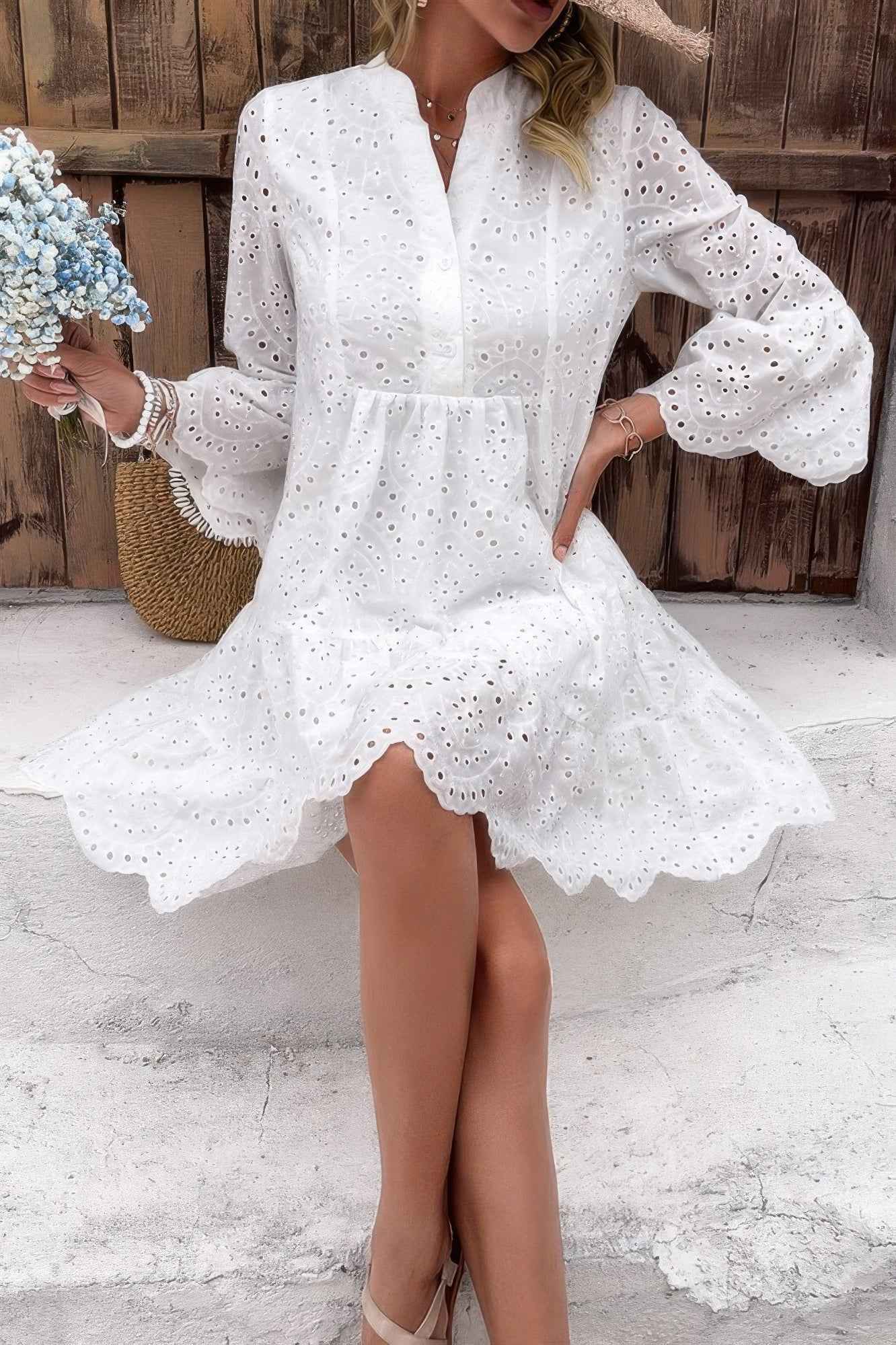V Neck Button Flared Sleeves Hollow Out Lace Dress