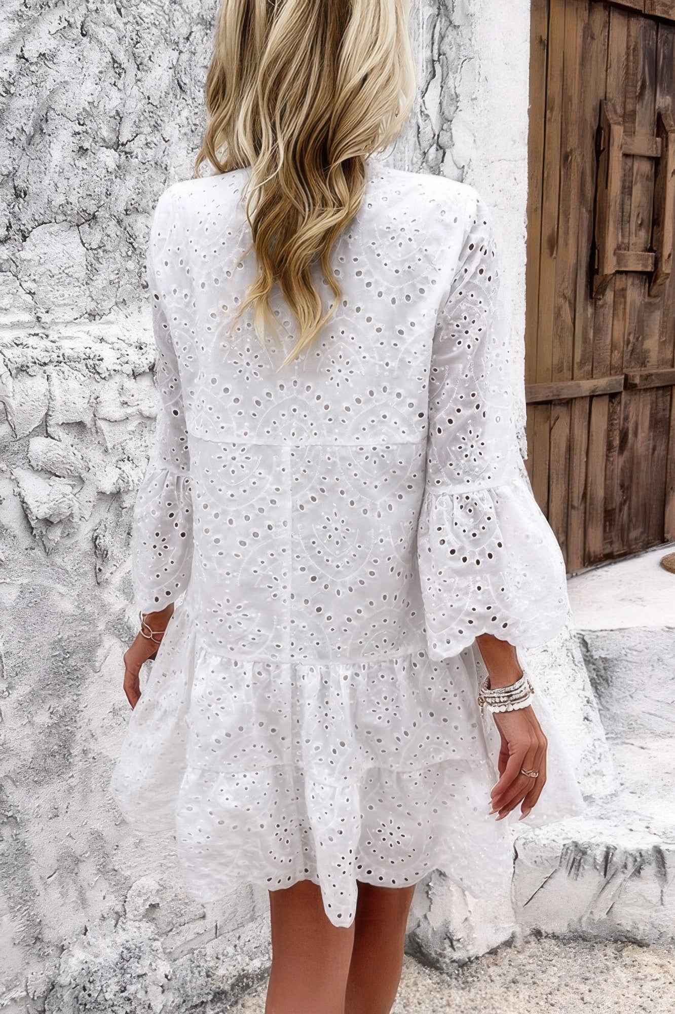 V Neck Button Flared Sleeves Hollow Out Lace Dress