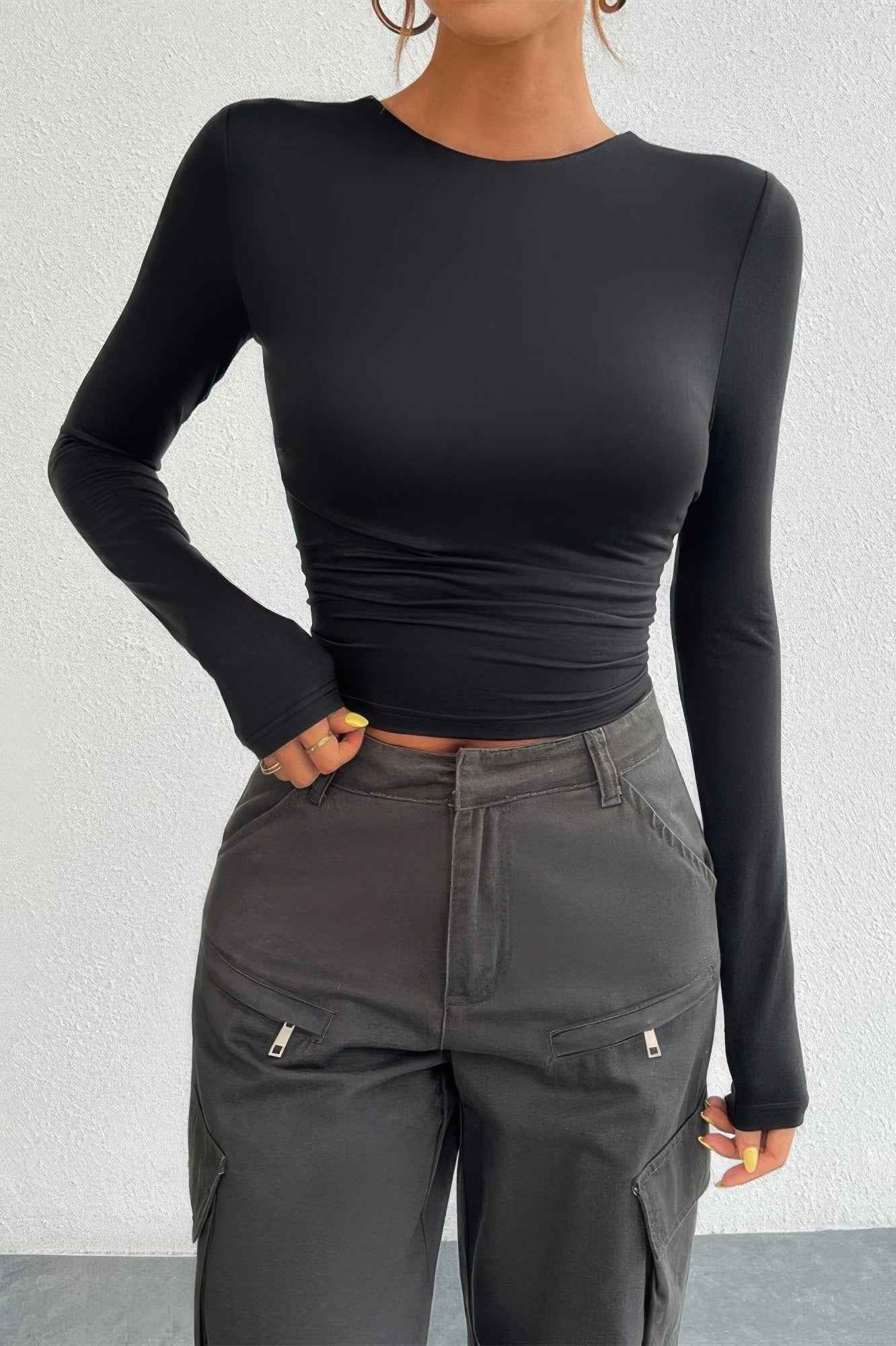 Plain Long Sleeve Open Back Slim Fit Top
