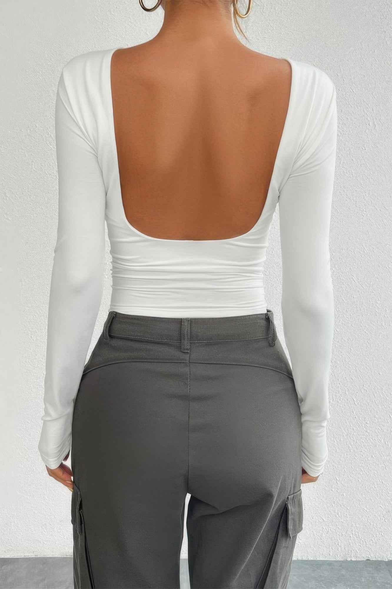 Plain Long Sleeve Open Back Slim Fit Top
