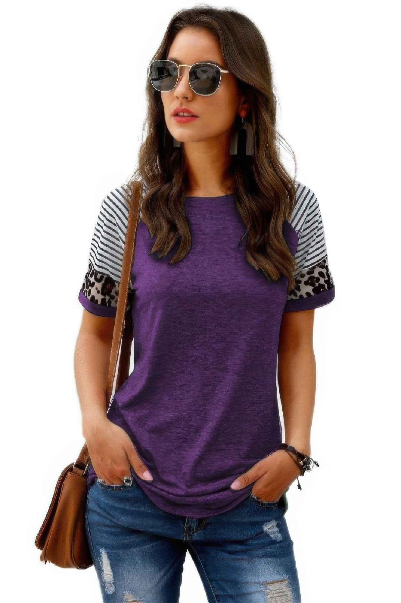 Crew Neck Color Block Patchwork Tops