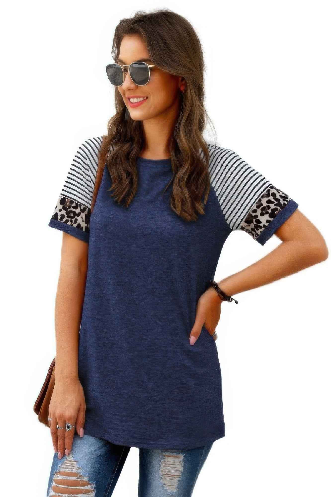 Crew Neck Color Block Patchwork Tops