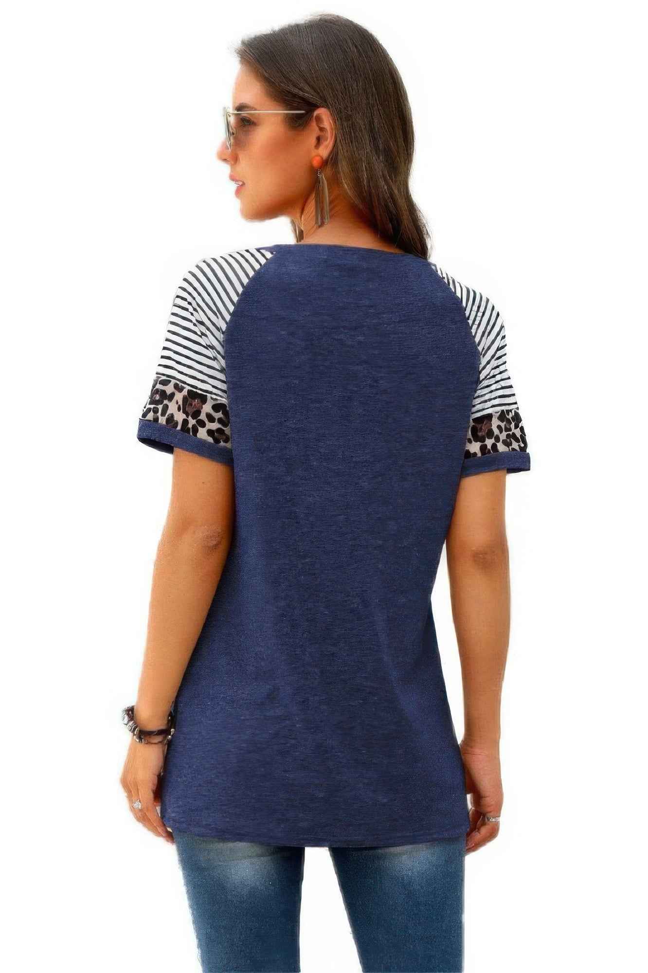 Crew Neck Color Block Patchwork Tops