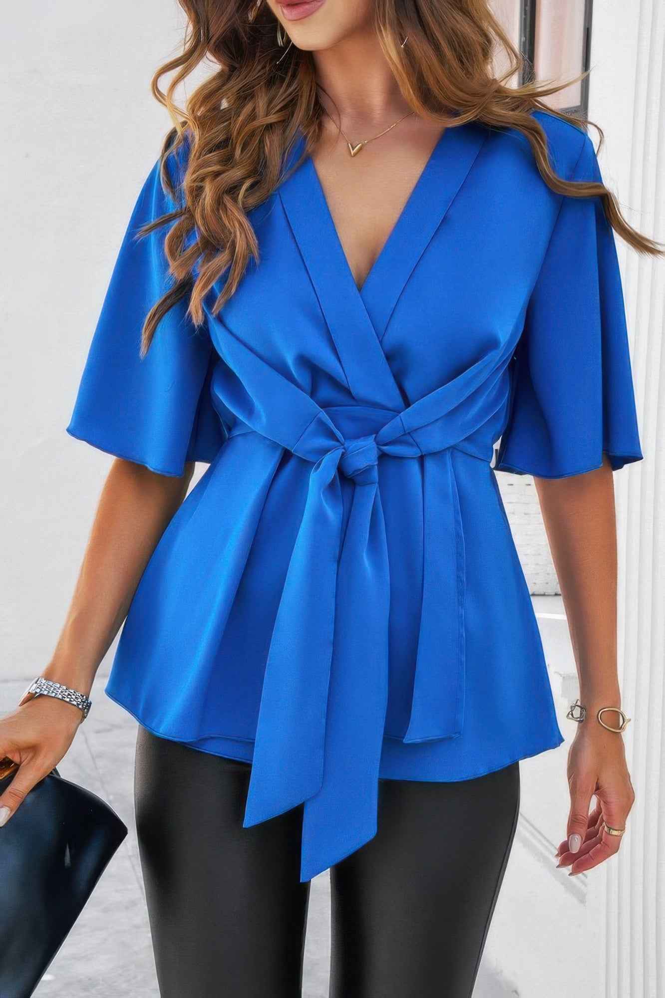 V Neck Peplum Tie Front Short Bell Sleeve Shirt
