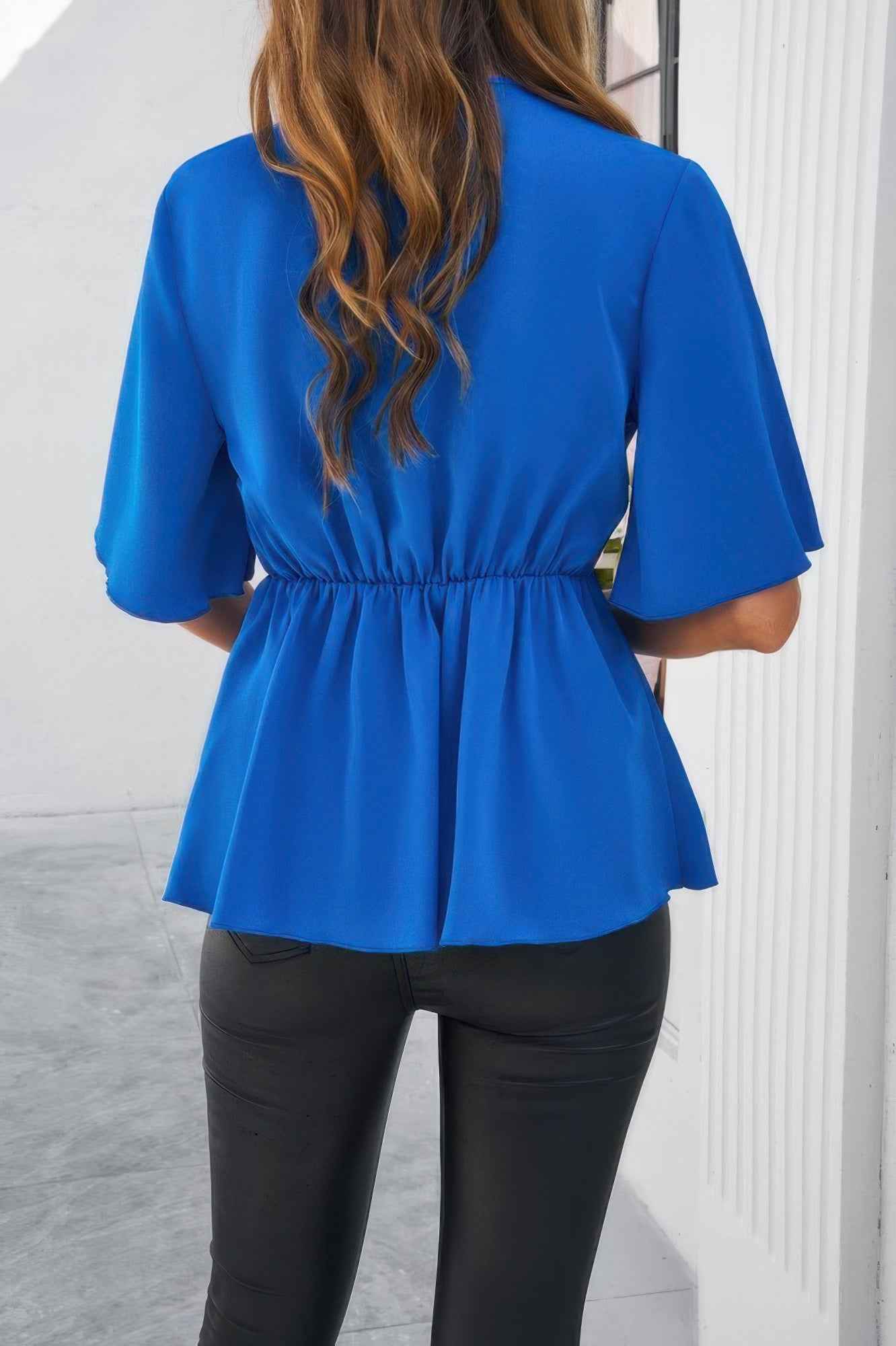 V Neck Peplum Tie Front Short Bell Sleeve Shirt