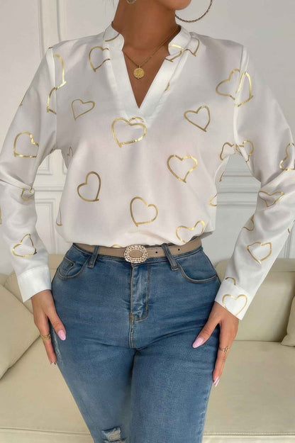 Heart Print V Neck Fit Blouse
