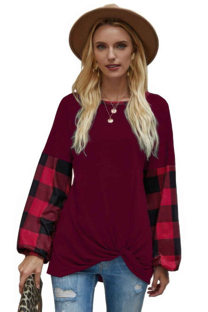 Round Neck Lantern Sleeve Patchwork Pullover