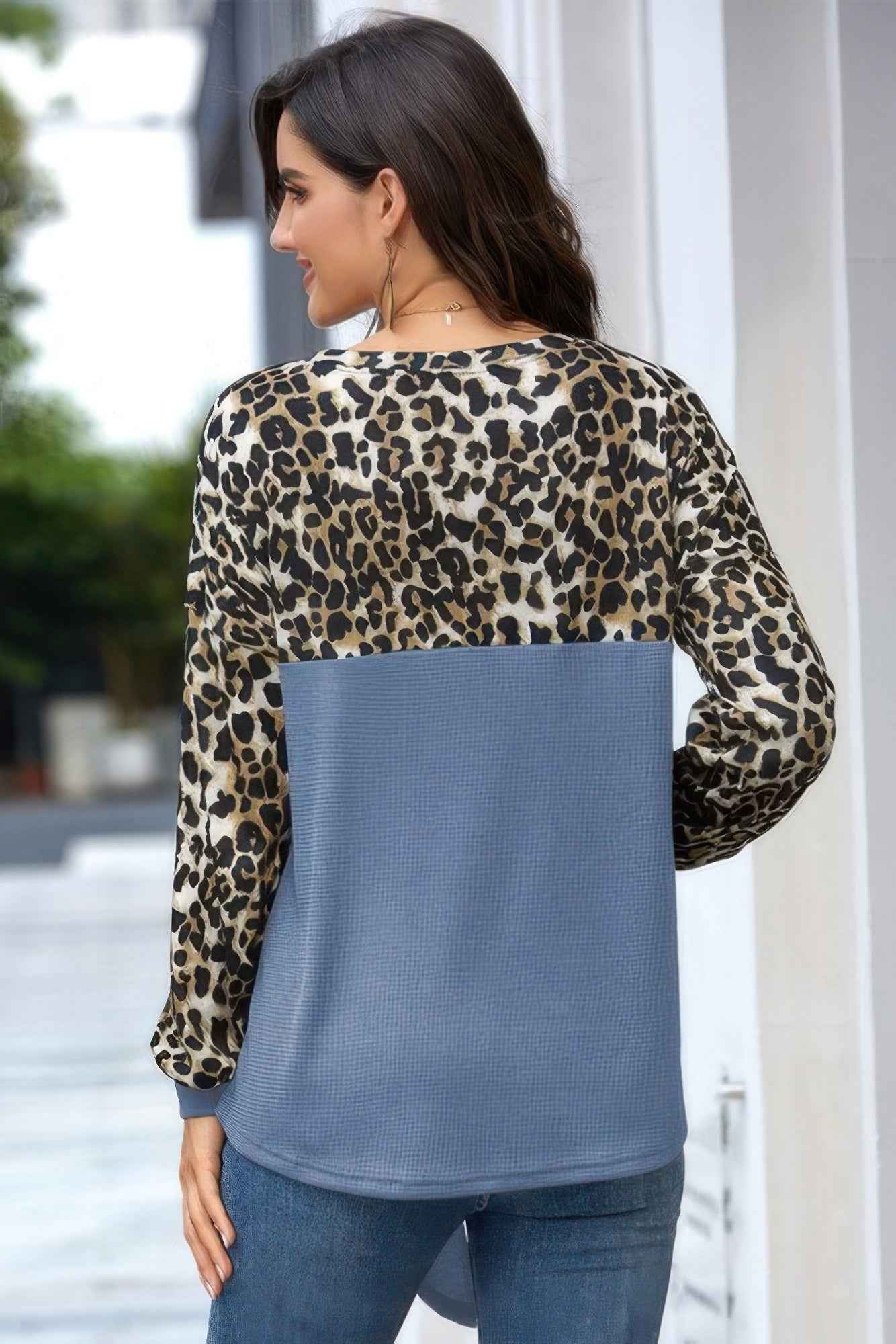 Leopard Stitching Bow Knit Crew Neck Loose Pullover