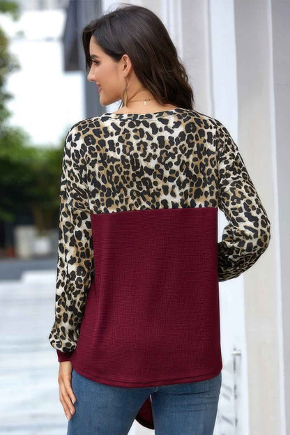 Leopard Stitching Bow Knit Crew Neck Loose Pullover