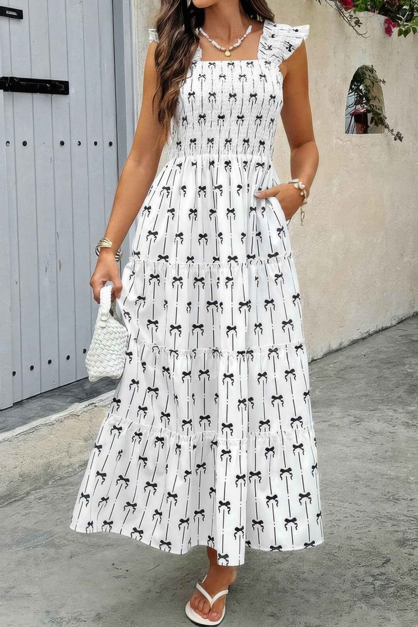 Square Neck Print Pocket Fit Sleeveless Dress
