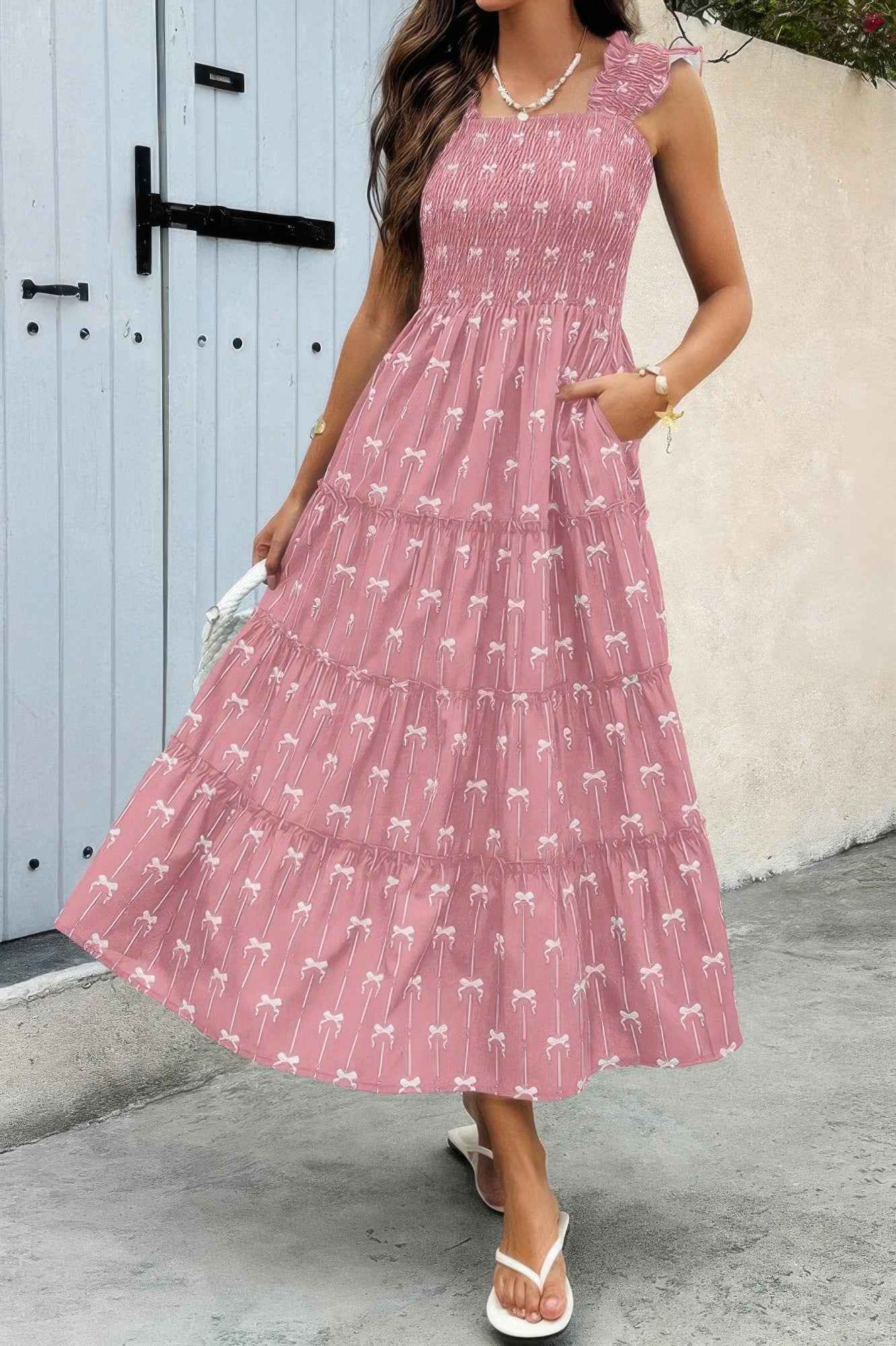 Square Neck Print Pocket Fit Sleeveless Dress