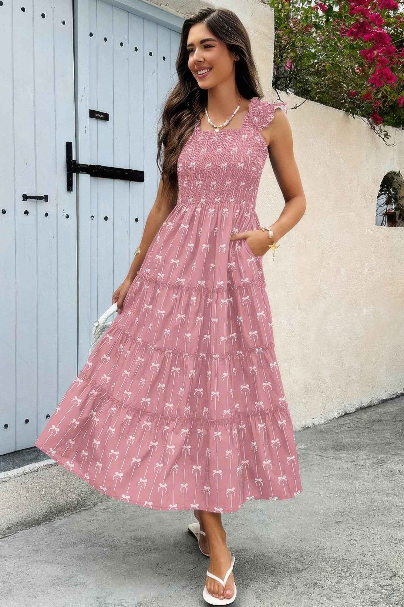 Square Neck Print Pocket Fit Sleeveless Dress