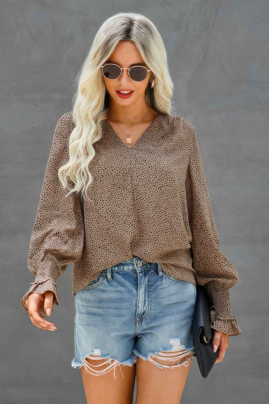 Dot V Neck Loose Fit Ruffle Long Sleeves Blouse