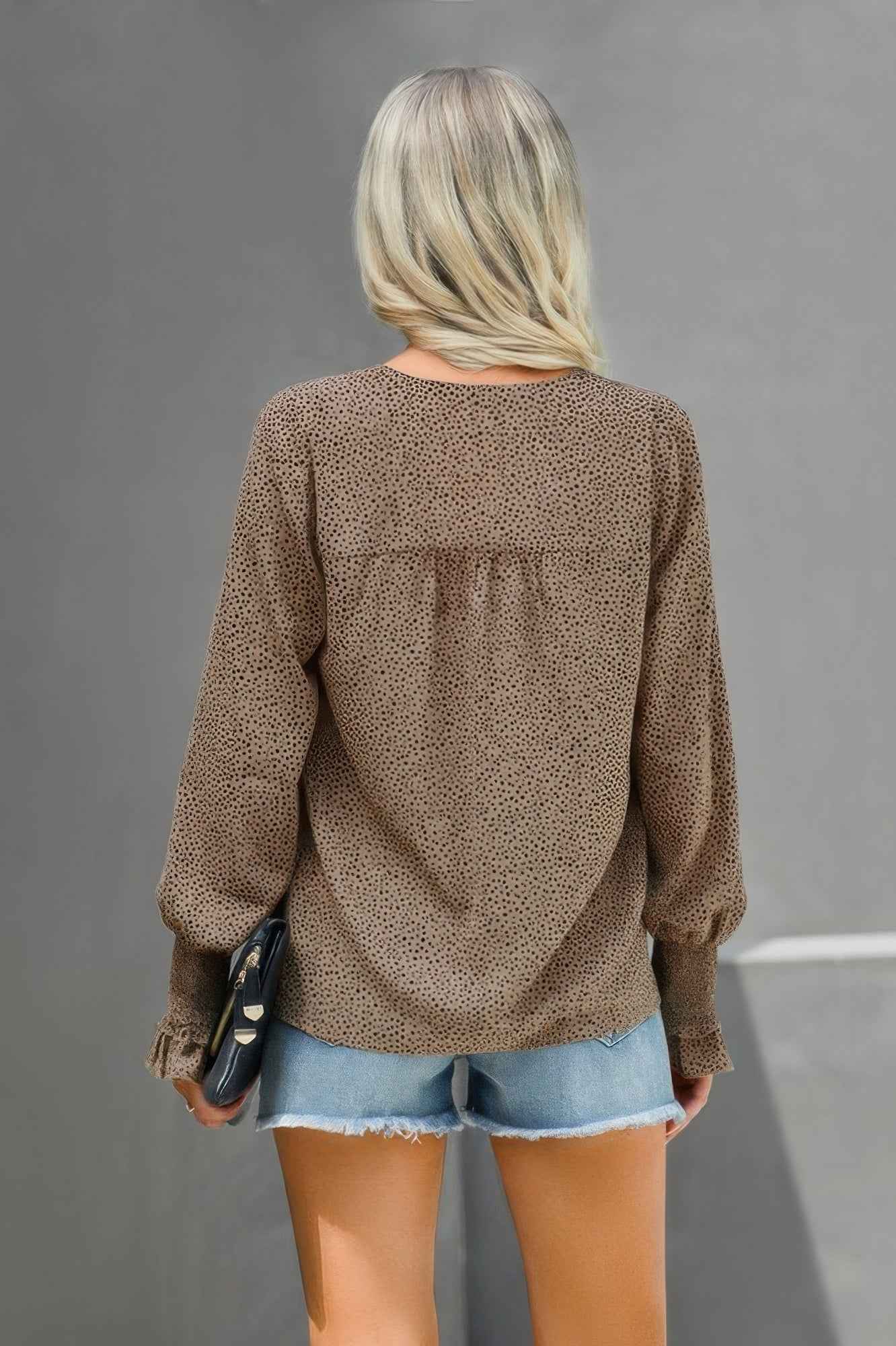 Dot V Neck Loose Fit Ruffle Long Sleeves Blouse