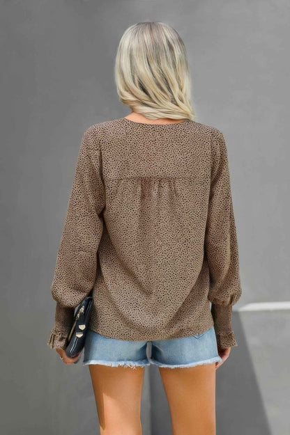 Dot V Neck Loose Fit Ruffle Long Sleeves Blouse