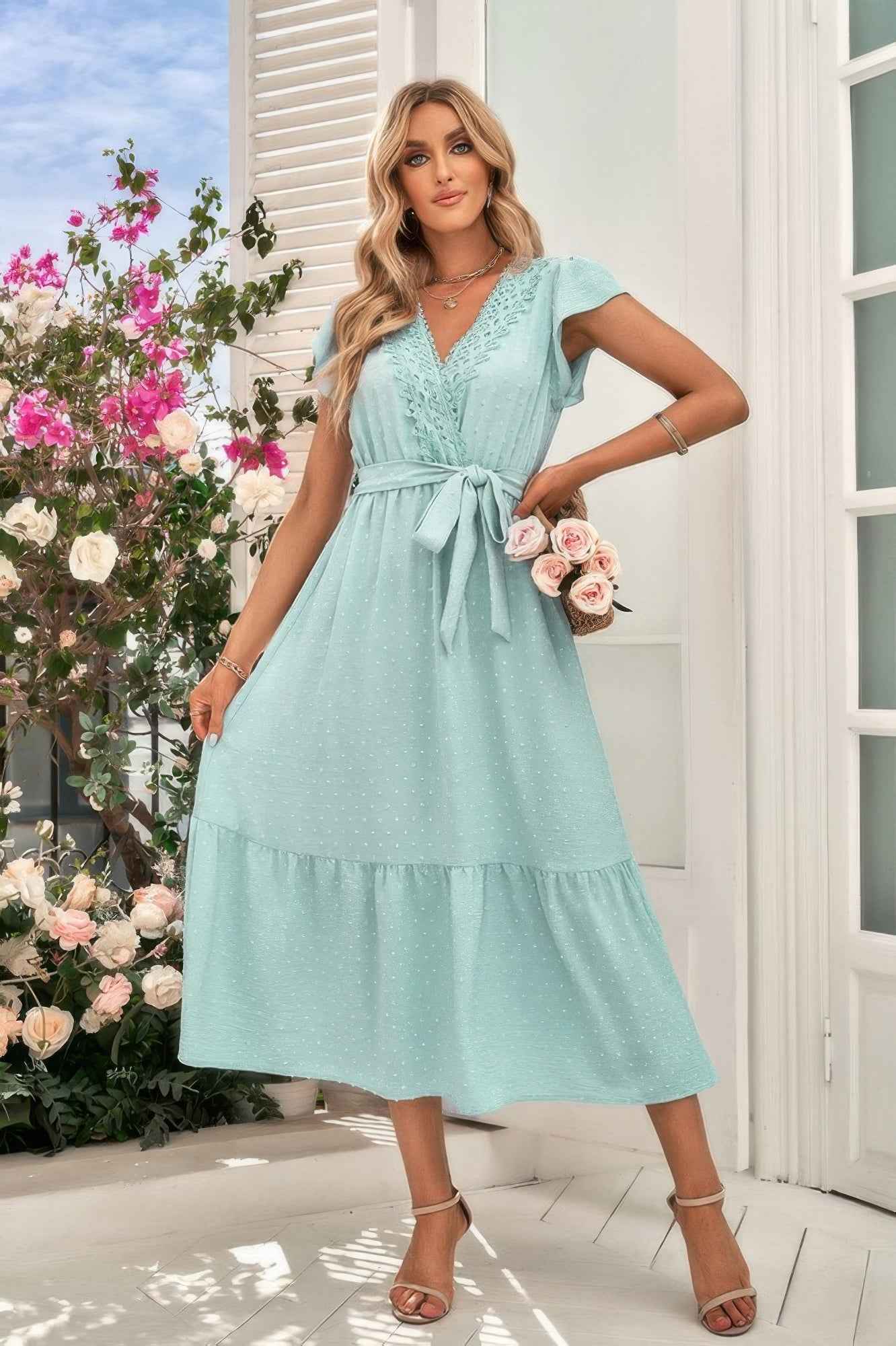 Solid Deep V Dot Lace Belt Long Dress