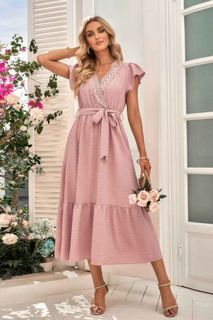 Solid Deep V Dot Lace Belt Long Dress