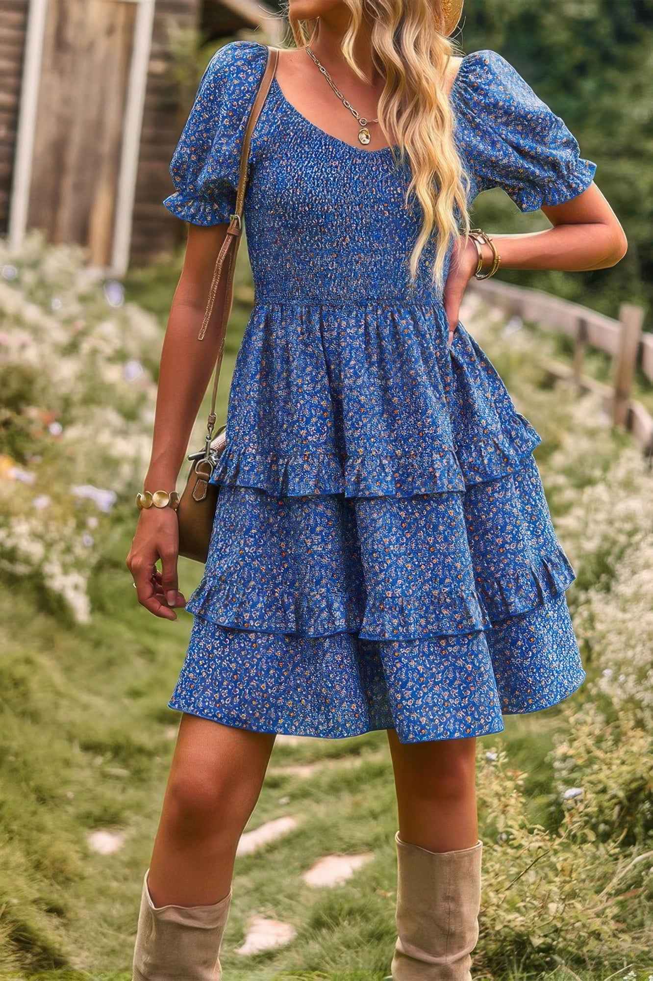 Floral Print Fit Short Sleeve A Line Dress