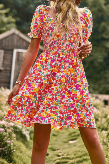 Floral Print Fit Short Sleeve A Line Dress