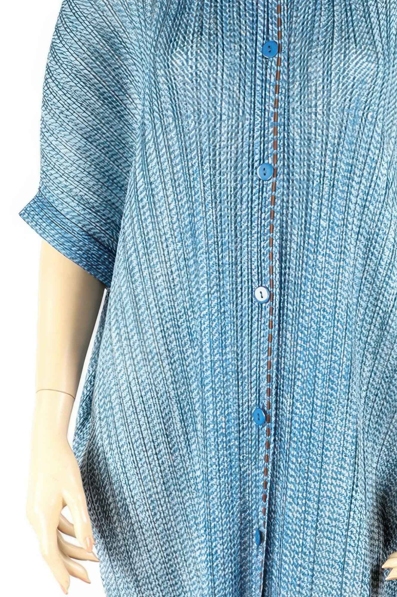 Pleated Lapel Button-up Blue Midi Shirtdress