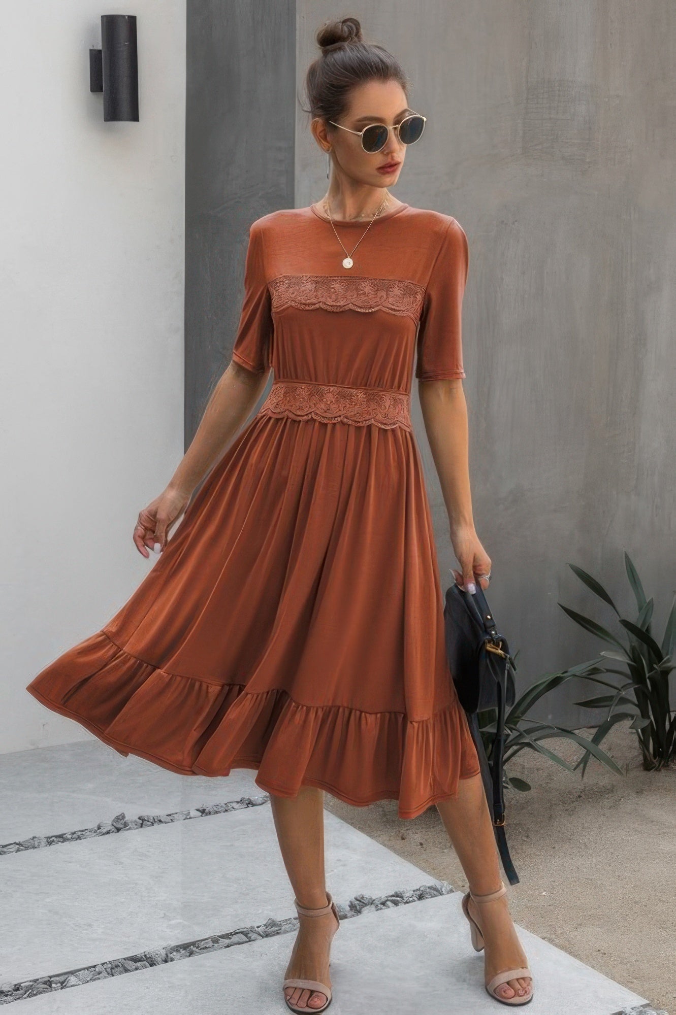 New Arrival – Plus Size Round Neck Lace Detail Ruffle Hem Midi Dress – Stylish & Comfortable – New Arrival Now Live