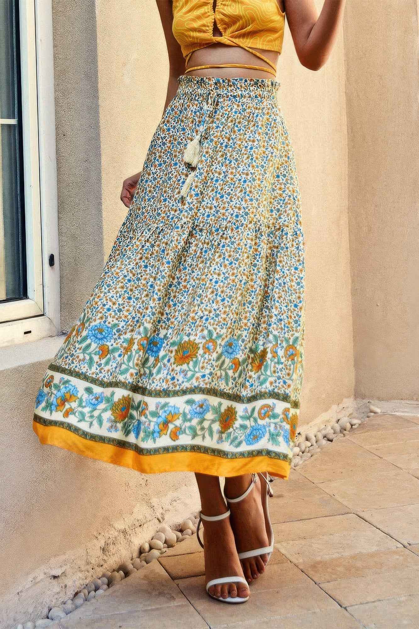 Drawstring Floral Ruffled Maxi Skirt