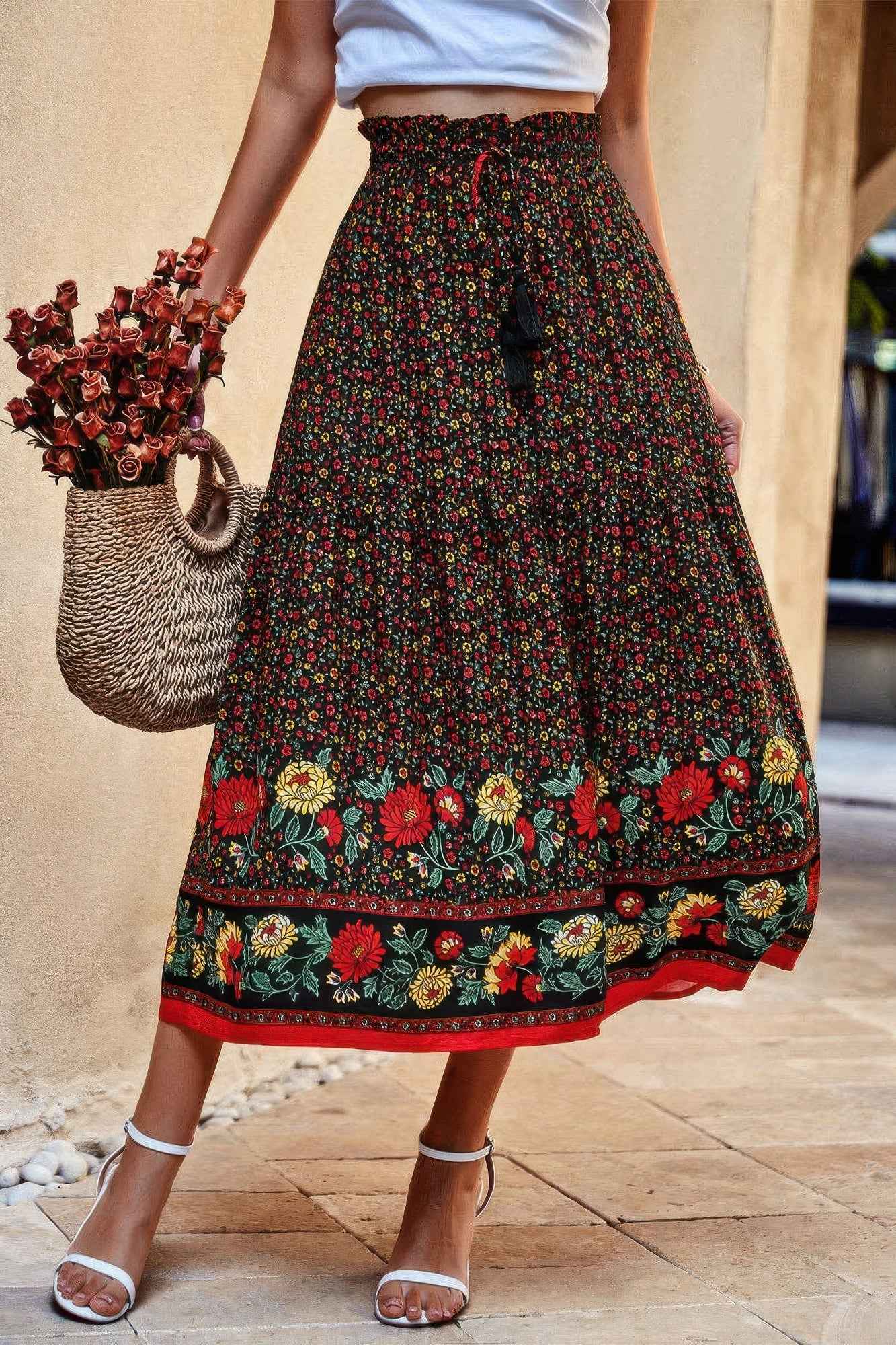 Drawstring Floral Ruffled Maxi Skirt