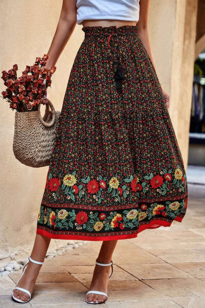 Drawstring Floral Ruffled Maxi Skirt