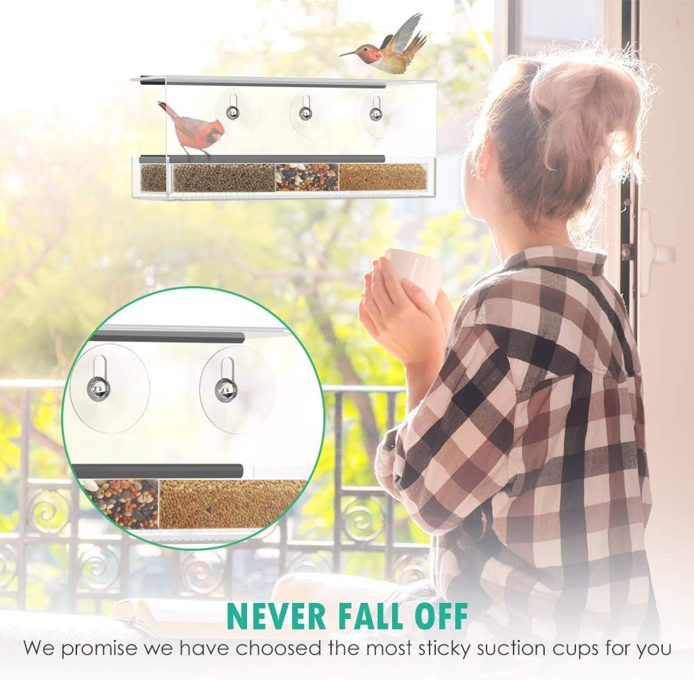 Window Bird Feeders, Larger Capacity Bird Feeders for Outside-Triple Removable Seed Trays & Sliding, Reinforced Suction Cups-Never Fall down Window Bird Feeders