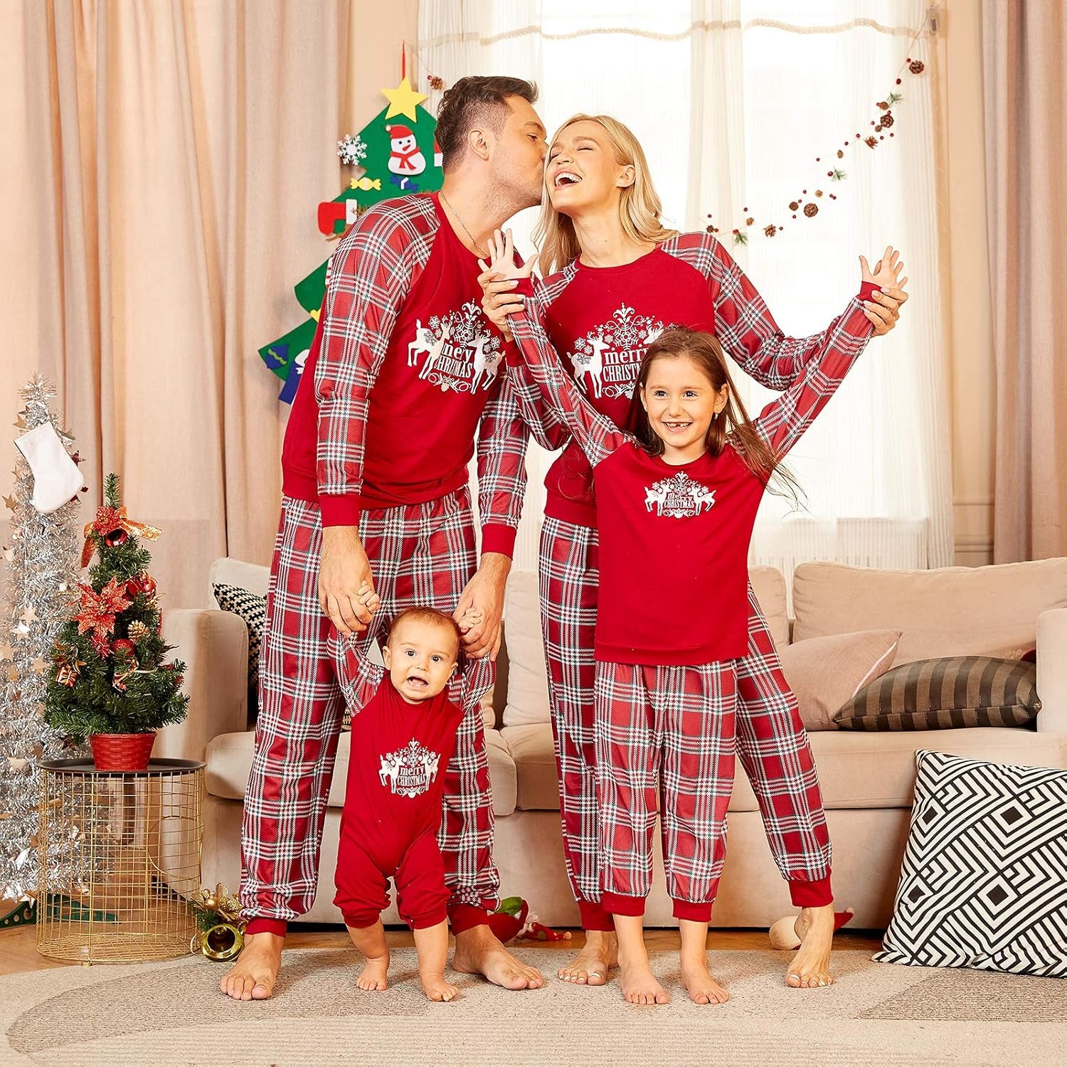 Christmas Pajamas for Family, Matching Family Christmas Pjs Sets Red Elk Tree Printed Top Sleepwear