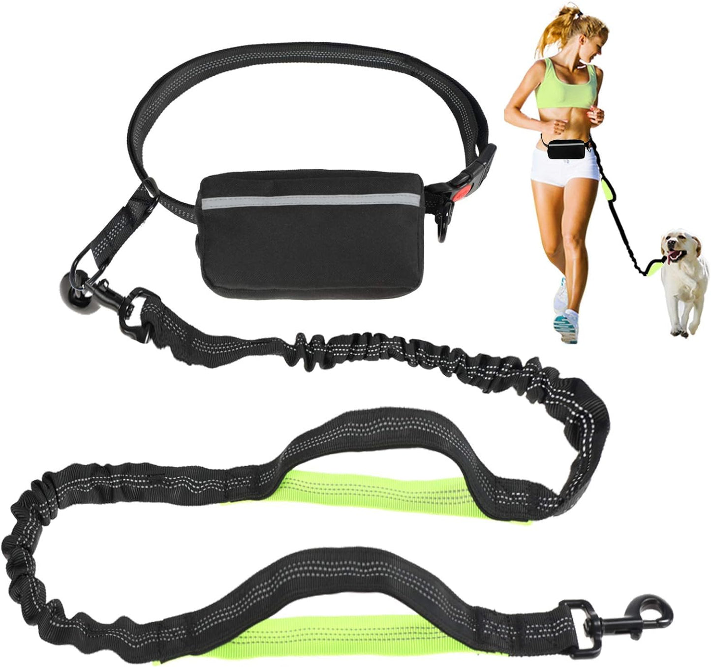 Hands Free Dog Leash, Suitable for Running Walking Jogging Hiking, Training for Small Medium and Large Dogs, Adjustable Waist Belt, Dual-Handle Reflective Bungee, Zipper Pouch. (Black W Green) Pet's Supplies |