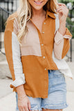 Khaki Color Block Buttoned Raw Hem Textured Shirt