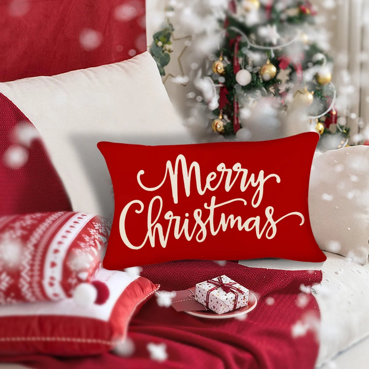 Christmas Pillow Covers Decorations Red Merry Christmas Farmhouse Throw Pillow Covers Great Gift for Christmas 12" X 20" 1 Pack (Pillow or Filler Not Included)