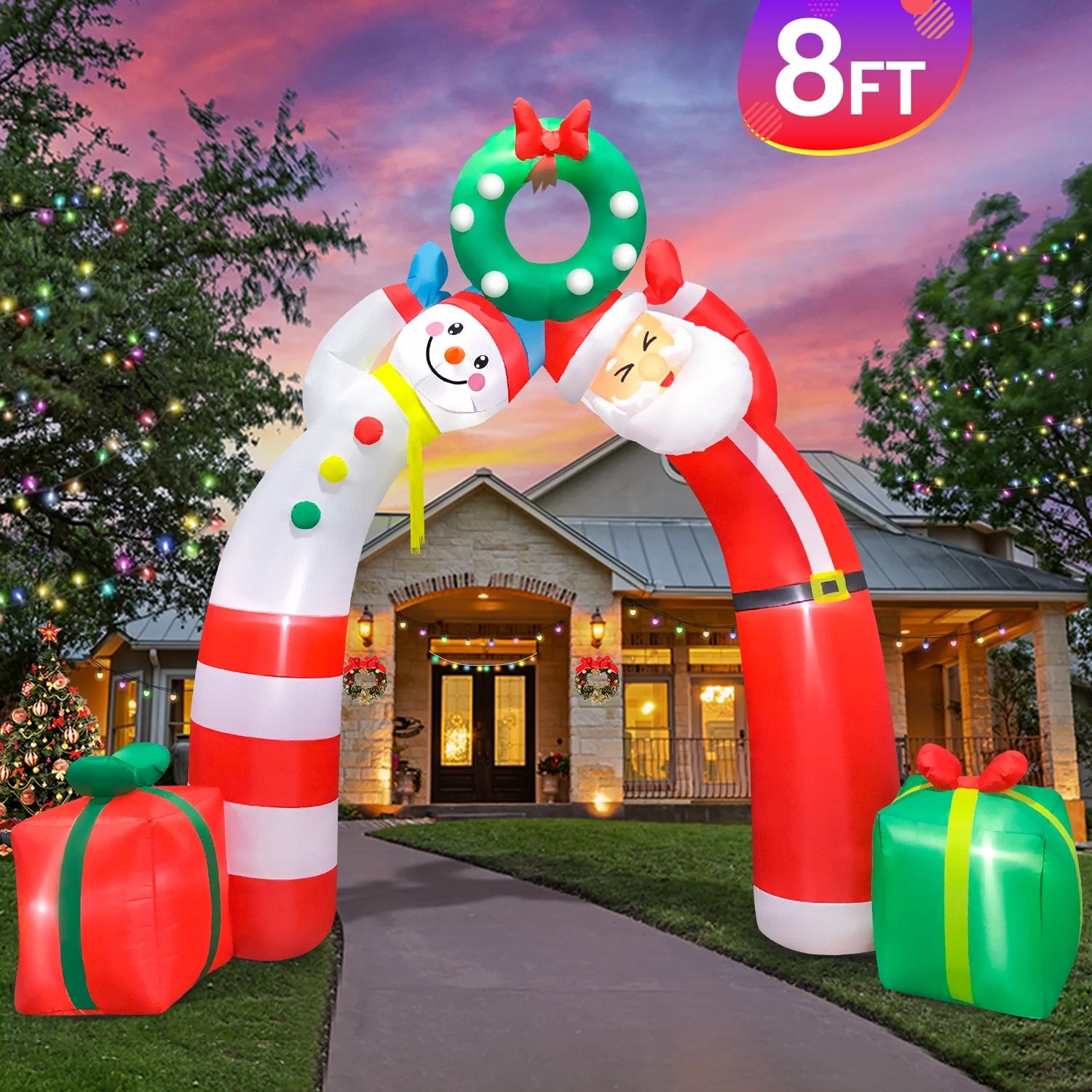 8' Christmas Inflatable Decorations, Xmas Blow up Archway, LED Lights, Outdoor Lawn Yard