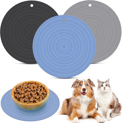 3 Pieces Silicone Pet Food Mat Pet Feeding Mat for Dog and Cat Food Bowl Place-Mat Preventing Food and Water Overflow Suitable for Medium and Small Pet (Blue, Gray, Black, 9.5 Inch)